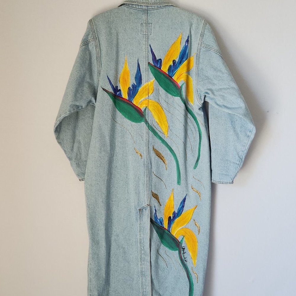 Vintage Sun Belt Denim Hand-Painted Floral Long Overcoat Pokcet Blue Cotton